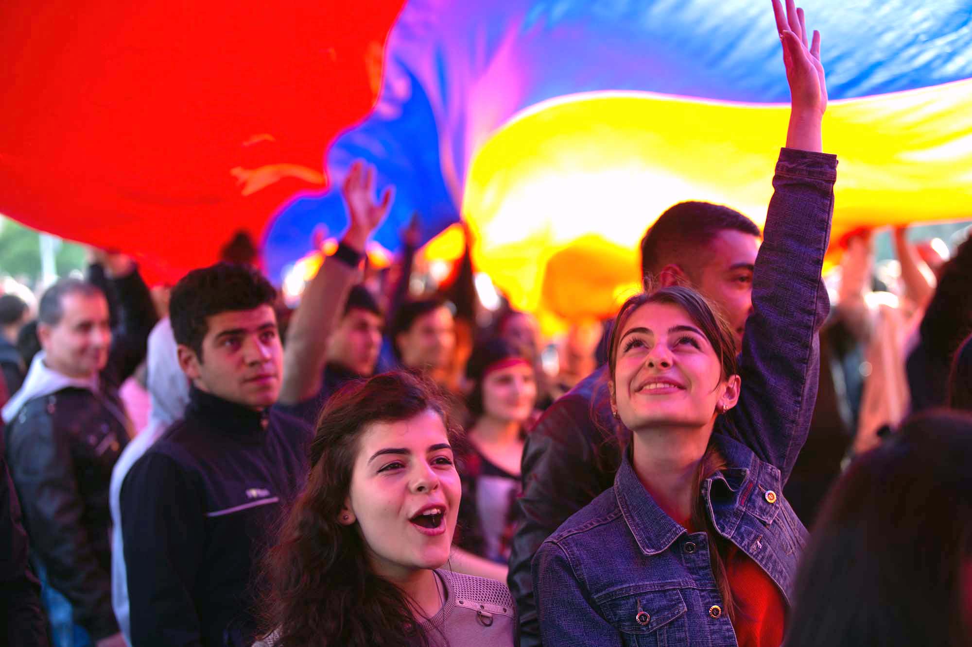 Armenia young people in Yerevan with Armenian flag