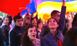 Armenia young people in Yerevan with Armenian flag