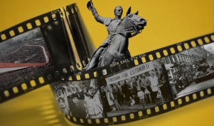 Graphic Image of a film strip with images of revolutionary events, form left to right Tahir Square Egypt, the Singing Revolution in Estonia, and the 1956 Hungarian uprising. A statute of Simon Bolivar is pictured in the center.